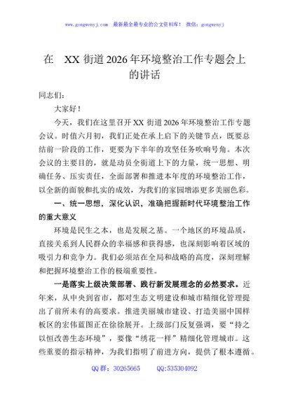 在XX街道2026年环境整治工作专题会上的讲话