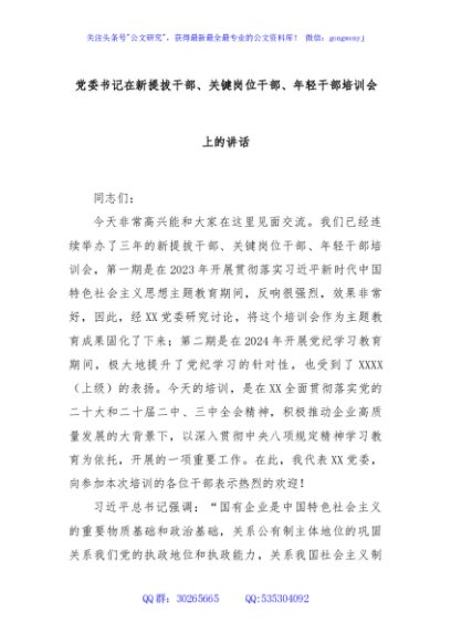党委书记在新提拔干部、关键岗位干部、年轻干部培训会上的讲话