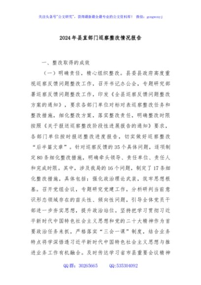 2024年县直部门巡察整改情况报告