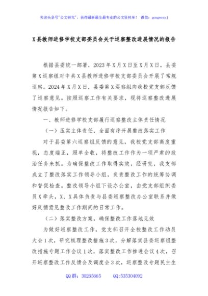 X县教师进修学校支部委员会关于巡察整改进展情况的报告