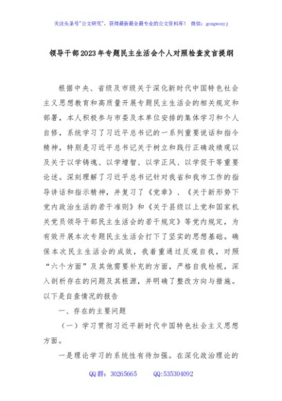 领导干部2023年专题民主生活会个人对照检查发言提纲