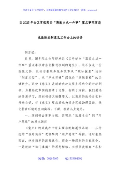 在2025年全区贯彻落实“高效办成一件事”重点事项常态化推进机制意见工作会上的讲话