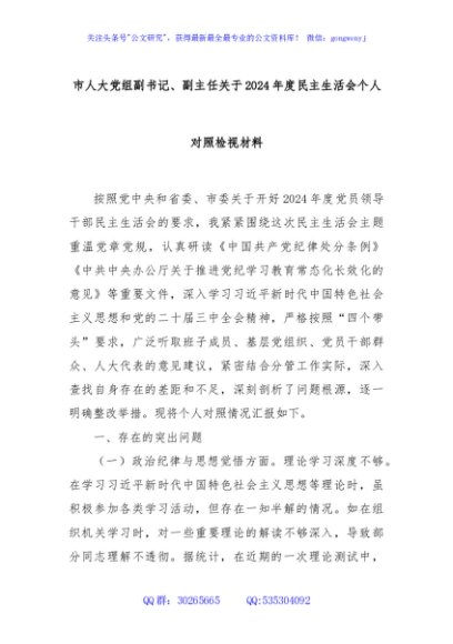 市人大党组副书记、副主任关于2024年度民主生活会个人对照检视材料