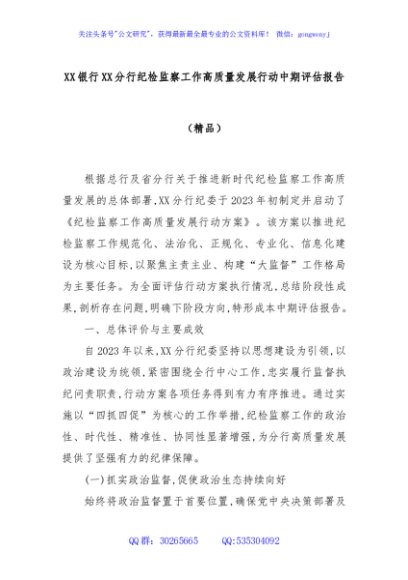 XX银行XX分行纪检监察工作高质量发展行动中期评估报告（精品）