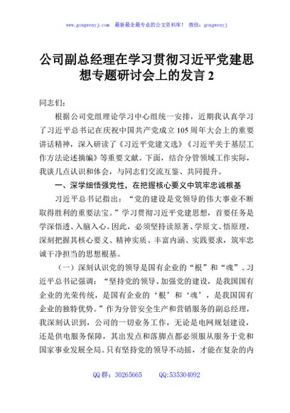 公司副总经理在学习贯彻习近平党建思想专题研讨会上的发言2