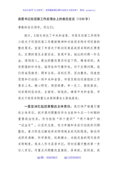 县委书记在巡察工作反馈会上的表态发言