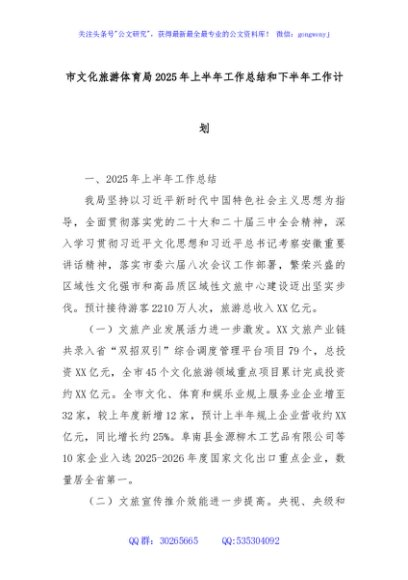 市文化旅游体育局2025年上半年工作总结和下半年工作计划