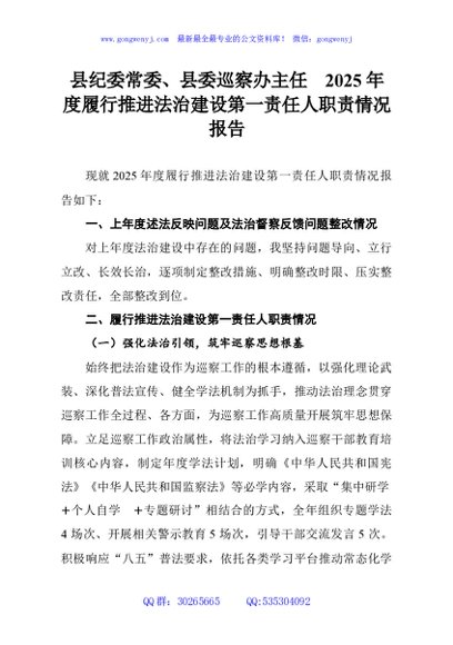 县纪委常委、县委巡察办主任2025年度履行推进法治建设第一责任人职责情况报告