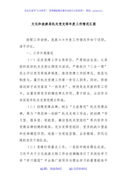 文化和旅游局机关党支部年度工作情况汇报