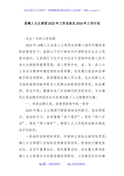 某镇人大主席团2023年工作总结及2024年工作计划