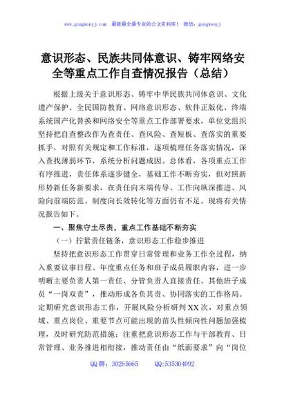 意识形态、民族共同体意识、铸牢网络安全等重点工作自查情况报告（总结）