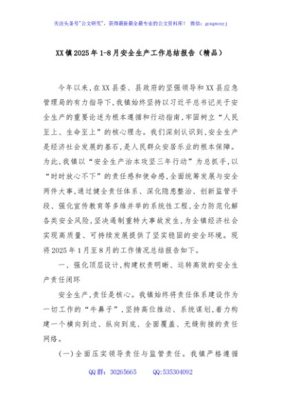 XX镇2025年1-8月安全生产工作总结报告（精品）