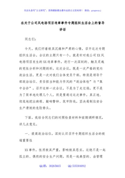 在关于公司风电场项目违章事件专题组织生活会上的督导讲话