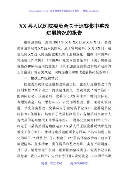 XX县人民医院委员会关于巡察集中整改进展情况的报告