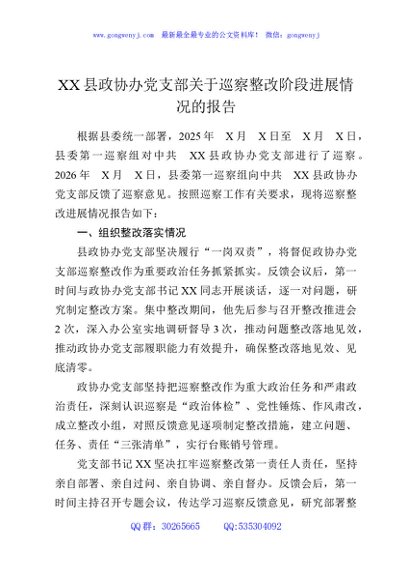 XX县政协办党支部关于巡察整改阶段进展情况的报告