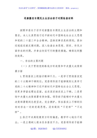 巡察整改专题民主生活会班子对照检查材料