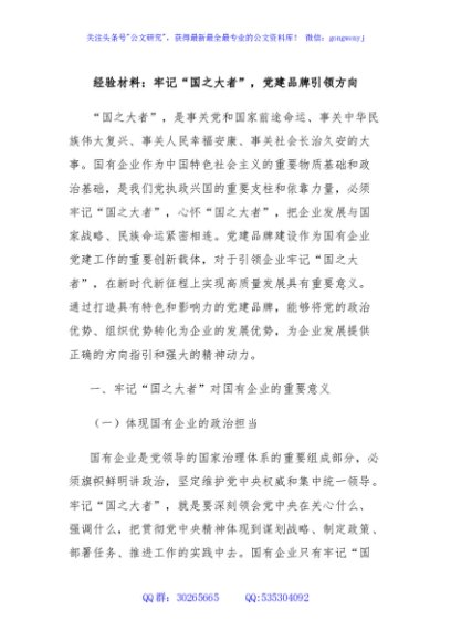 经验材料：牢记“国之大者”，党建品牌引领方向