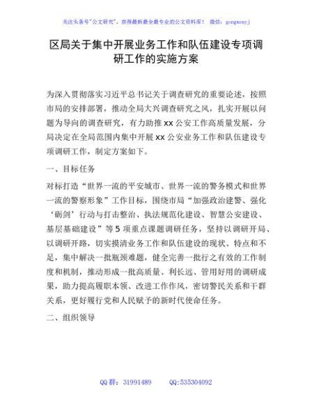 公安系统开展业务工作和队伍建设专项调研工作实施方案（大兴调查研究）