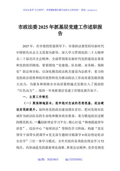 市政法委2025年抓基层党建工作述职报告