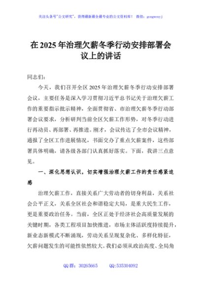 在2025年治理欠薪冬季行动安排部署会议上的讲话