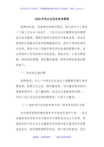 2024年民主生活会发言提纲