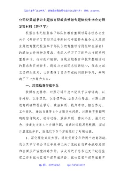 国企纪委副书记主题教育暨教育整顿专题组织生活会对照发言材料