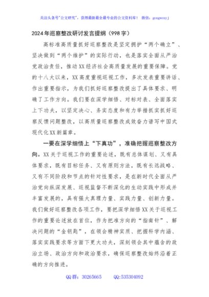 2024年巡察整改研讨发言提纲（998字）