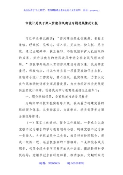 市统计局关于深入贯彻作风建设专题进展情况汇报
