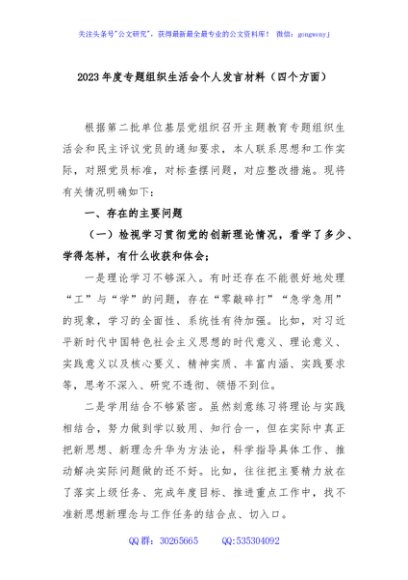 2023年度专题组织生活会个人发言材料（四个方面）