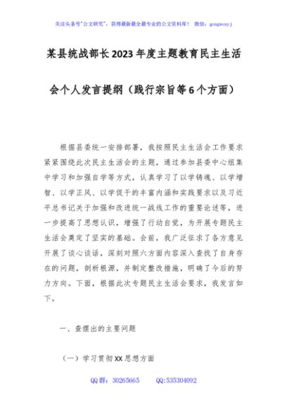 某县统战部长2023年度主题教育民主生活会个人发言提纲（践行宗旨等6个方面）