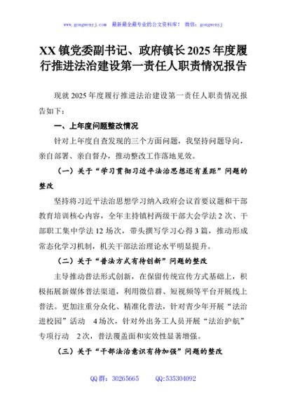 XX镇党委副书记、政府镇长2025年度履行推进法治建设第一责任人职责情况报告