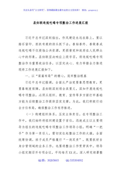 县妇联违规吃喝专项整治工作进展汇报