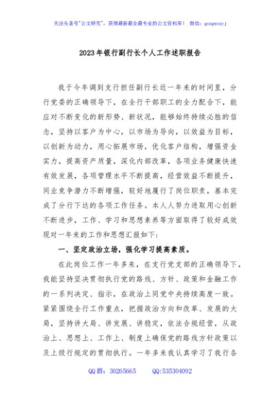 2023年银行副行长个人工作述职报告
