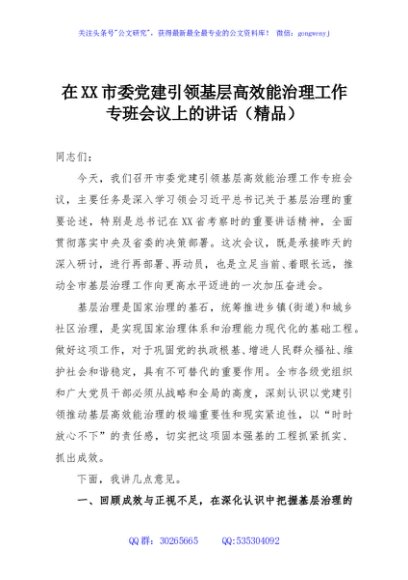 在XX市委党建引领基层高效能治理工作专班会议上的讲话（精品）