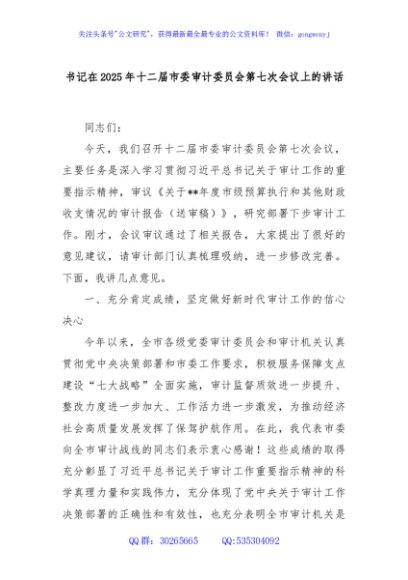 书记在2025年十二届市委审计委员会第七次会议上的讲话
