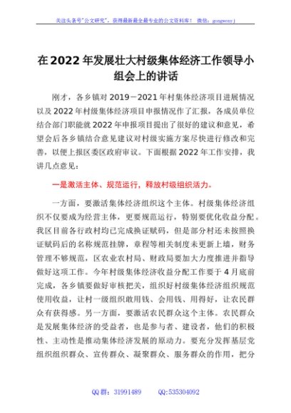 在2022年发展壮大村级集体经济工作领导小组会上的讲话