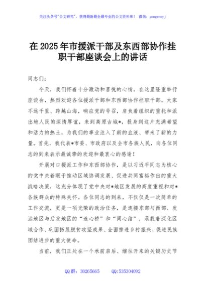 在2025年市援派干部及东西部协作挂职干部座谈会上的讲话