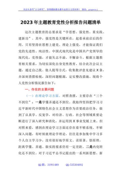 2023年主题教育党性分析报告问题清单
