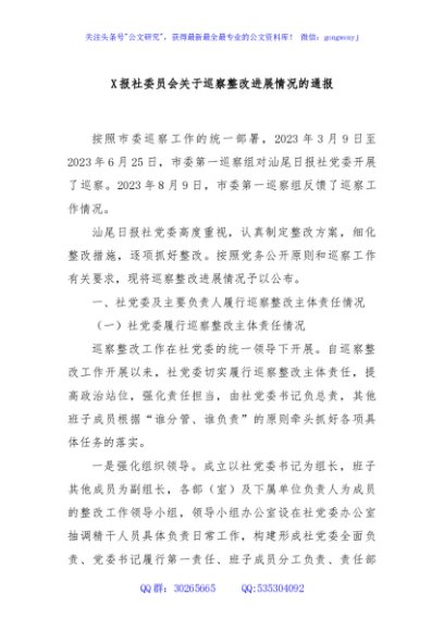 X报社委员会关于巡察整改进展情况的通报
