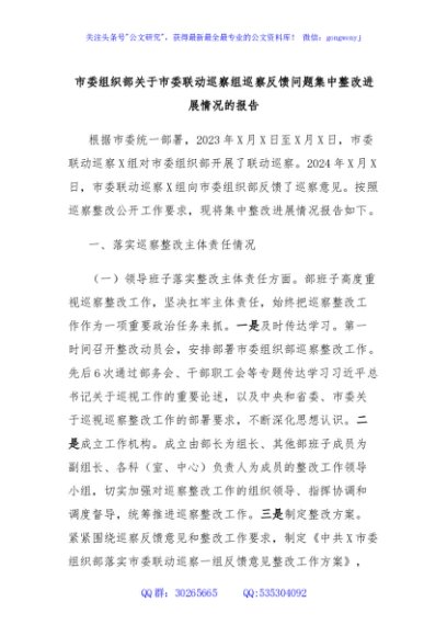 市委组织部关于市委联动巡察组巡察反馈问题集中整改进展情况的报告
