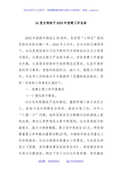 Xx党支部班子2025年党建工作总结