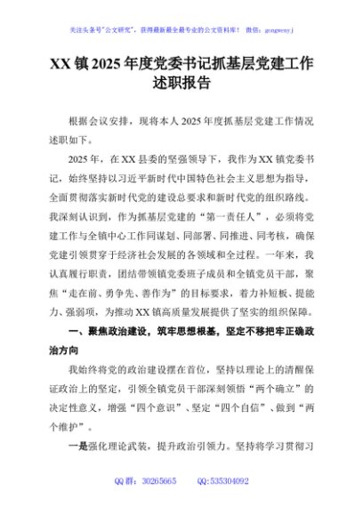 XX镇2025年度党委书记抓基层党建工作述职报告