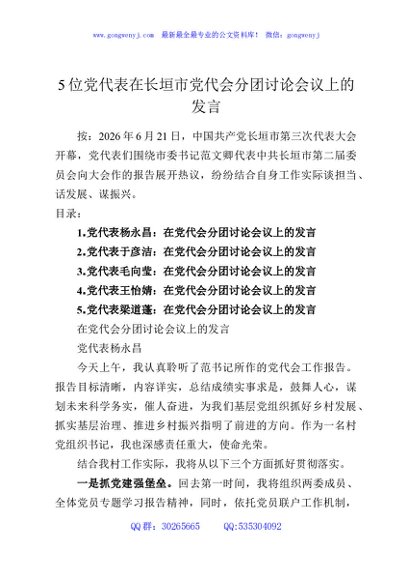 5位党代表在长垣市党代会分团讨论会议上的发言