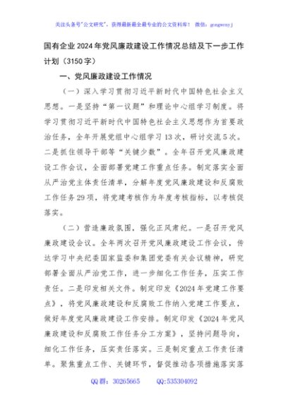国企2024年党风廉政建设工作情况总结及下一步工作计划（3150字）