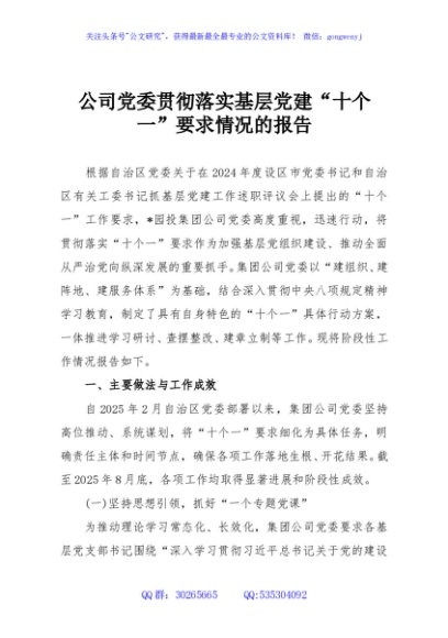 公司党委贯彻落实基层党建“十个一”要求情况的报告