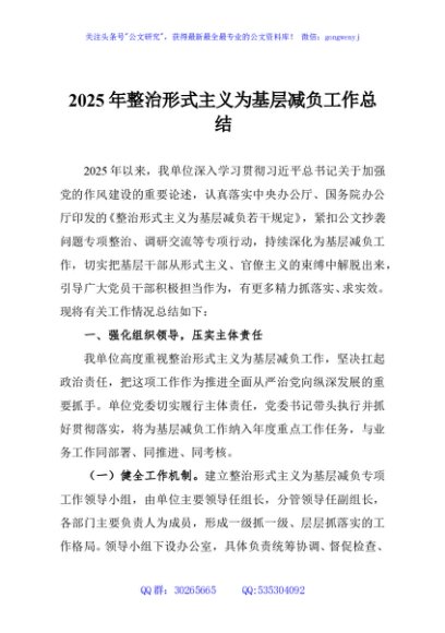 2025年整治形式主义为基层减负工作总结