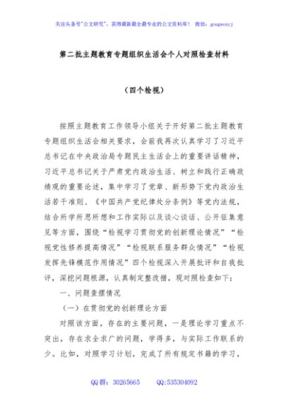 第二批主题教育专题组织生活会个人对照检查材料（四个检视）