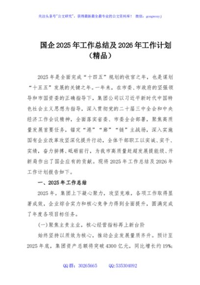 国企2025年工作总结及2026年工作计划（精品）