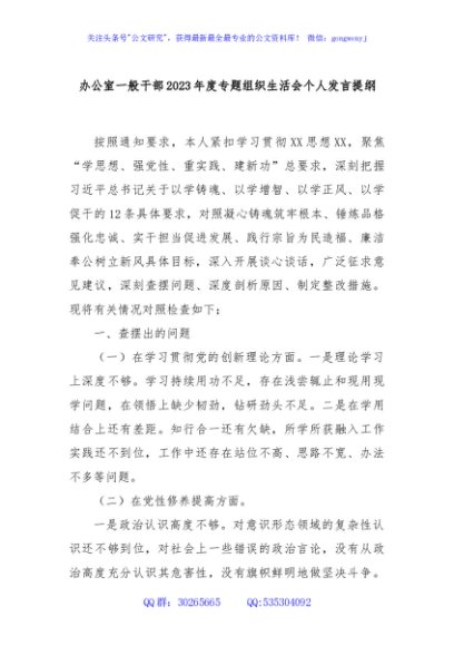 办公室一般干部2023年度专题组织生活会个人发言提纲