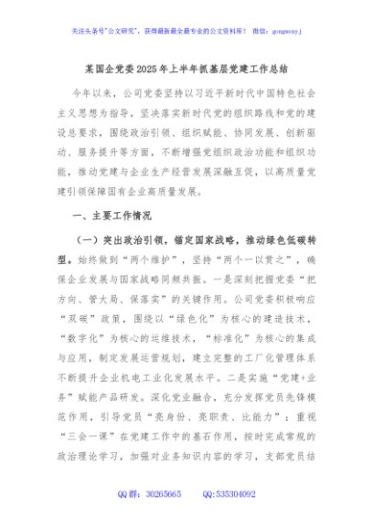 某国企党委2025年上半年抓基层党建工作总结